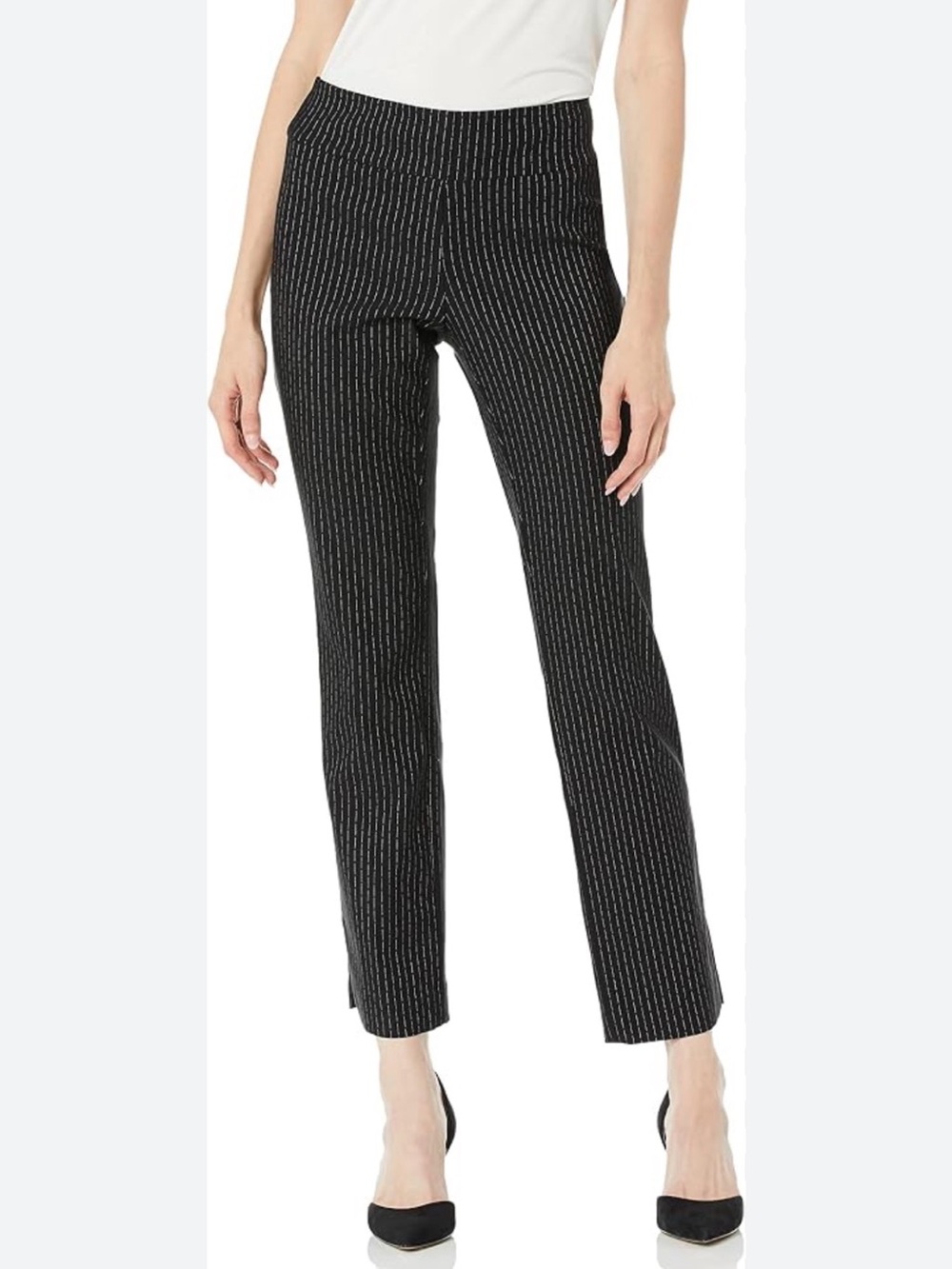 NIC+ZOE Broken Stripe Pull-On Straight-Leg Pants, Size 8, Color Onyx/White